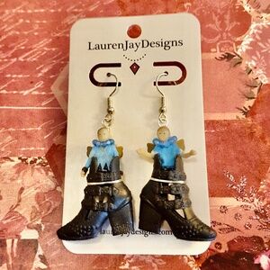 Shoe Fairies Barbie Black High Heel Shoes Miniature Fairy Dolls Dangle Earrings